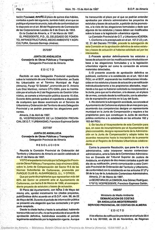 Imagen del Boletín Oficial de la Provincia de Almería el 15 de abril de 1997